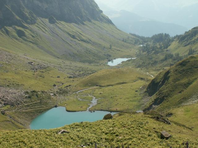 Blick vom Fläscher Fürggli auf die 3 Seen im Fläscher Tal