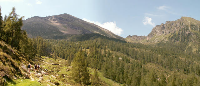 Breitbildfoto von Alpe de Bec sura Richtung Pass Buffalora und Cima de Nomnom