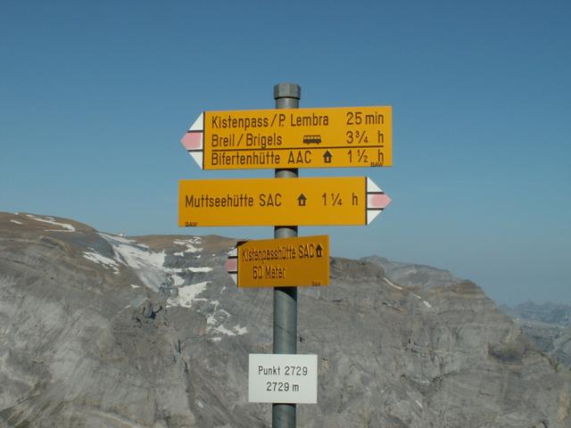 Wegweiser bei Punkt 2729 m.ü.M.