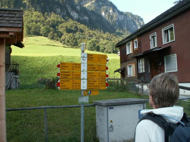 Mäusi betrachtet den Wegweiser in Weisstannen. Viele Wanderungen sind ab hier möglich