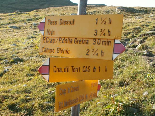 Wegweiser bei Punkt 2230 m.ü.M. es geht Richtung Passo della Greina