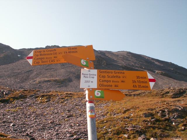 Wegweiser Passo della Greina 2357 m.ü.M. Hier ist auch die Nord/Süd Wasserscheide