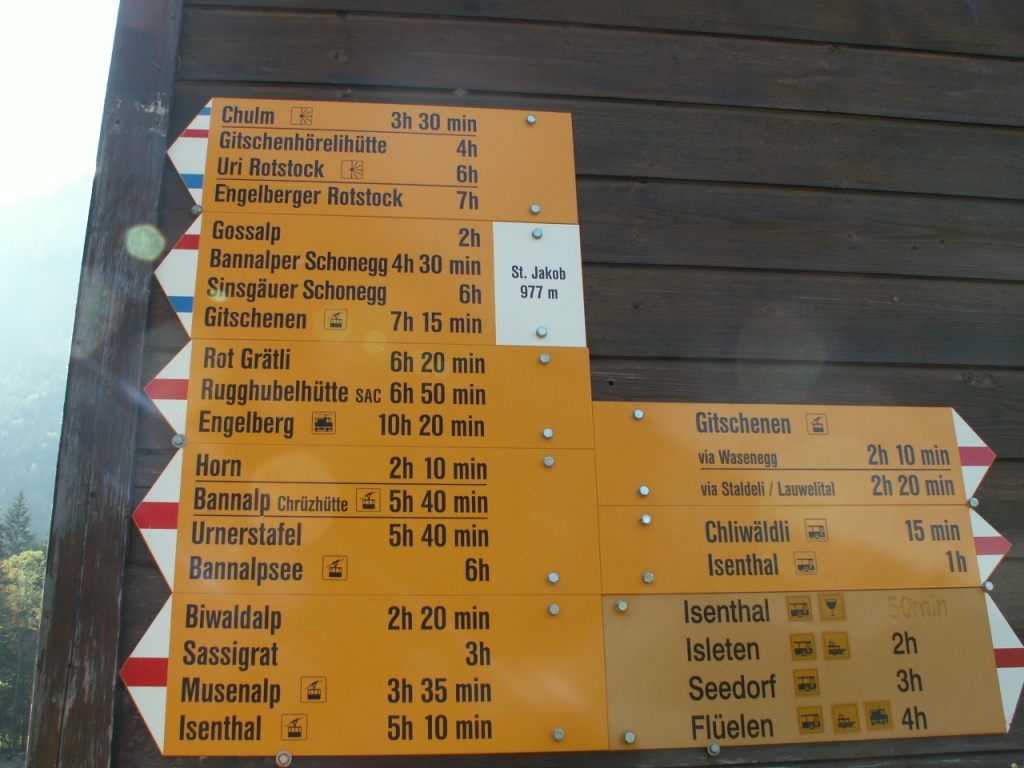 Wegweiser bei der Talstation St.Jakob 977 m.ü.M.