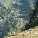 Tiefblick ins Rossmattertal mit den Alphütten auf Chäseren