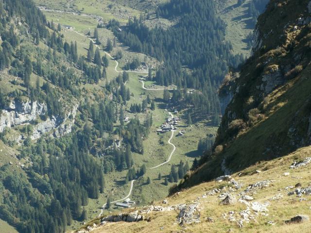 Tiefblick ins Rossmattertal mit den Alphütten auf Chäseren