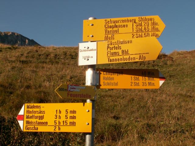 Wegweiser beim Berggasthaus Schönhalden. Es geht zum Guscha