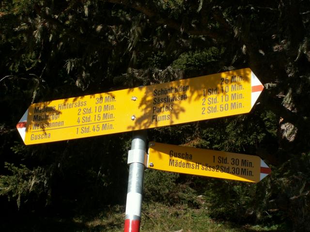 Wegweiser bei Punkt 1709 m.ü.M. Hier biegt der steile Bergweg ab, der uns zum Guscha führen wird