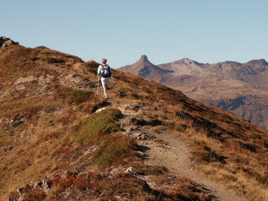 Mäusi auf dem Grat. Im Hintergund der Spitzmeilen