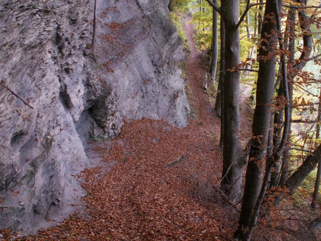 direkt an der Felswand, führt der Weg nun runter ins Elltal