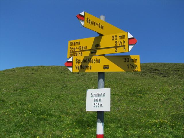 Wegweiser beim Zanutscher-Boden 1896 m.ü.M. Weiter geht es Richtung Spundätscha