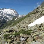 Blick zurück zum schwersten Teilstück der Wanderung. Der Wanderweg führt über Geröll und Blockschutt