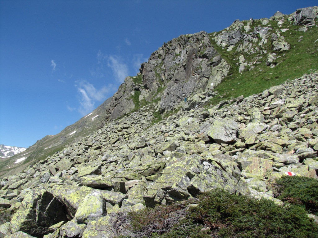 Blick zurück auf den mühsamsten Teil der Wanderungen. Über Blockschutt zu laufen finden wir aber immer wieder spannend