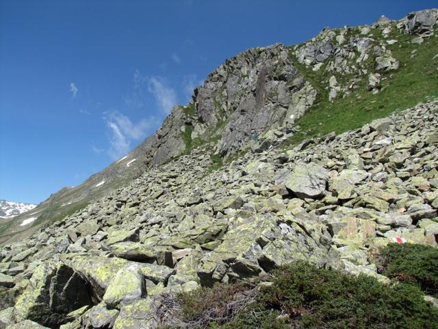 Blick zurück auf den mühsamsten Teil der Wanderungen. Über Blockschutt zu laufen finden wir aber immer wieder spannend