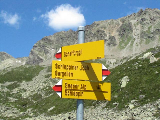 Wegweiser bei Punkt 2148 m.ü.M. unser Ziel das Schlappiner Joch