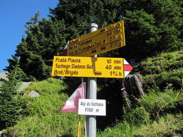 Wegweiser bei Alp das Schlans Sut 1760 m.ü.M.