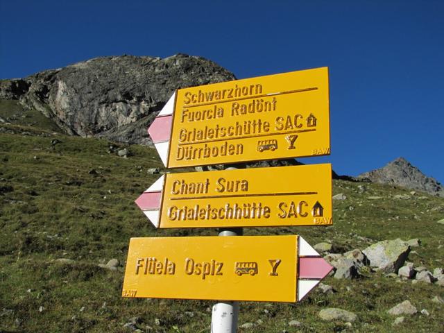 Wegweiser bei der Haltestelle Flüela Schwarzhorn 2332 m.ü.M.