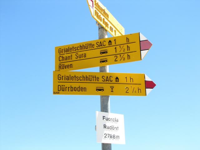 Wegweiser auf der Fuorcla Radönt 2788 m.ü.M.