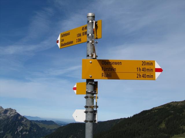 Wegweiser bei Punkt 1660 m.ü.M. unser Ziel der Fürstein