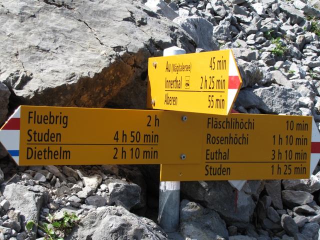 Wegweiser bei Punkt 1347 m.ü.M. der sich bei Fläschli befindet