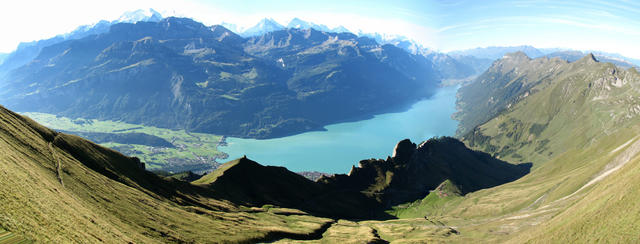 Breitbildfoto von der Terrasse aus gesehen runter zum Brienzersee