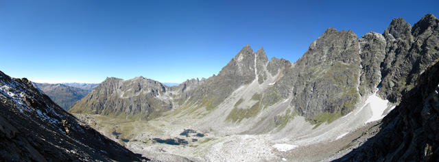 Breitbildfoto von der Scharte aus gesehen Richtung Unghürboden und Seetal. Rechts der Gross Litzner und Gross Seehorn