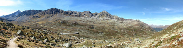 Breitbildfoto vom Flüelatal. Zuhinterst links, der Flüela Schwarzhorn. Dort oben waren wir auch schon