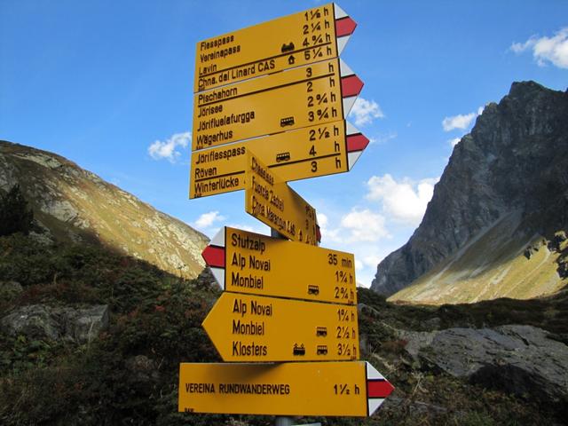 Wegweiser beim Berghaus Vereina