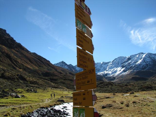 die Wegweiser zeigen uns die Richtung. Im Hintergrund der Piz Grialetsch