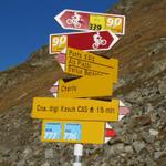 Wegweiser bei Punkt 2520 m.ü.M. Geradeaus würde man Chants erreichen. Wir biegen aber links ab Richtung Alp Plazbi