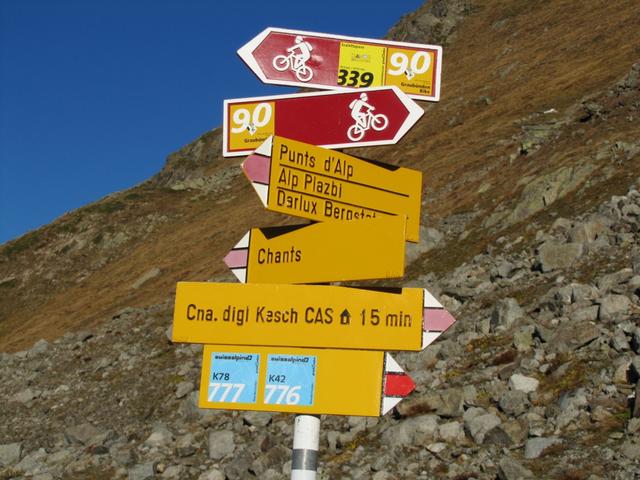 Wegweiser bei Punkt 2520 m.ü.M. Geradeaus würde man Chants erreichen. Wir biegen aber links ab Richtung Alp Plazbi