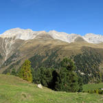 Breitbildfoto bei Alp digl Chants 1999 m.ü.M. aus gesehen, Richtung Val da Ravais-ch, Piz Prosonch, Piz Valmela mit Ducan Kette