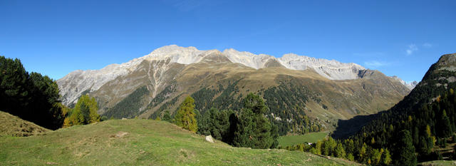 Breitbildfoto bei Alp digl Chants 1999 m.ü.M. aus gesehen, Richtung Val da Ravais-ch, Piz Prosonch, Piz Valmela mit Ducan Kette