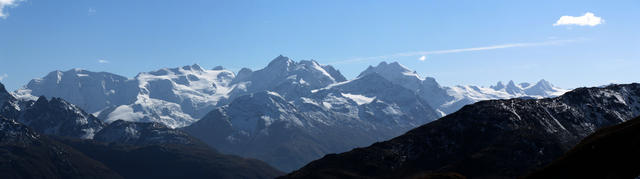 Breitbildfoto Oberengadiner Berge mit Piz Bernina, Piz Palü, Bellavista, Piz Roseg usw.