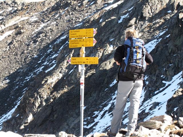 Mäusi beim Wegweiser auf dem Sertigpass