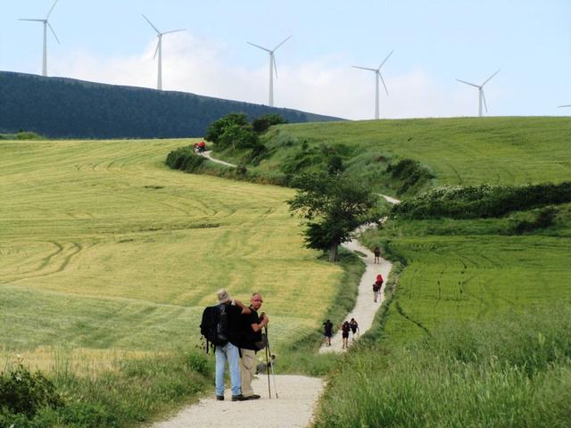 viele Pilger sind heute unterwegs. Der Alto del Perdón rückt näher. Man sieht schon die Windmühlen