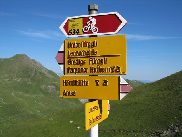 Wegweiser bei der Wegverzweigung Punkt 2460 m.ü.M.