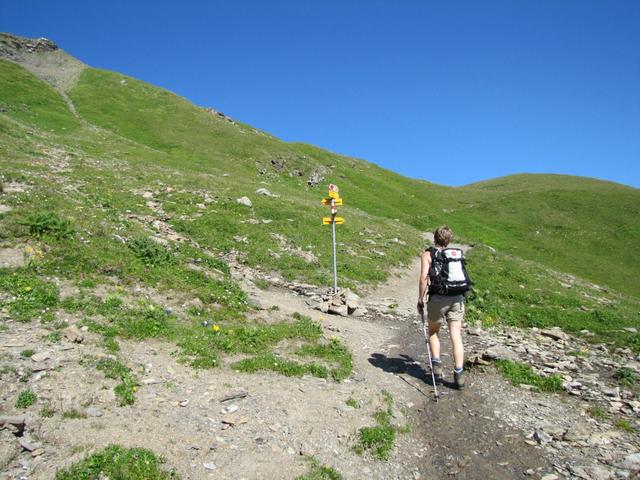 Mäusi hat Wegverzweigung bei Punkt 2476 m.ü.M. erreicht. Rechts führt der Weg zum Urdenfürggli