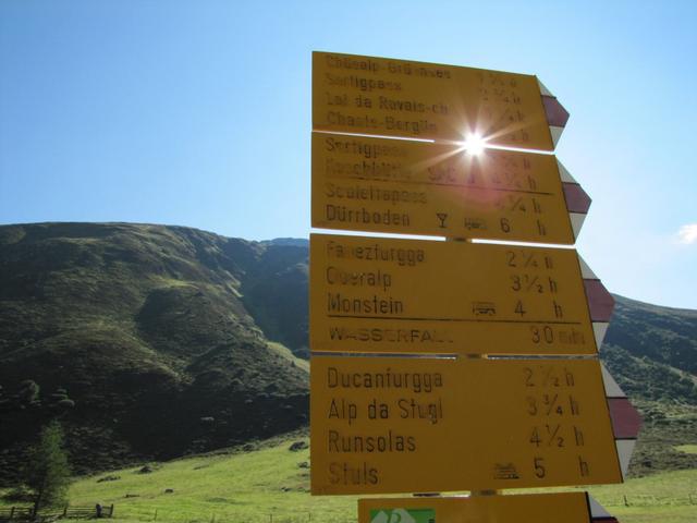 Wegweiser beim Hotel Walserhuus 1859 m.ü.M. Sertig-Sand