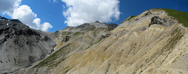 Breitbildfoto bei Punkt 2400 m.ü.M. Das Ducantal ändert sein Gesicht. Wir treten in eine Mondlandschaft ein