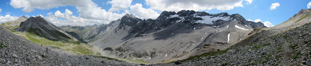 wunderschönes Breitbildfoto. Älplihorn, Ducantal, Mittaghorn, Plattenfluh, Hoch Ducan, Chlein Ducan und Gletscher Ducan