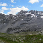 Breitbildfoto von der Fanezfurgga ins Ducantal mit Mittaghorn, Hoch Ducan und Gletscher Ducan