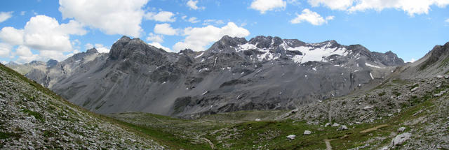 Breitbildfoto von der Fanezfurgga ins Ducantal mit Mittaghorn, Hoch Ducan und Gletscher Ducan