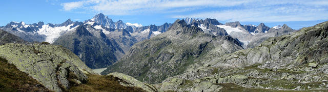schönes Breitbildfoto mit Oberaargletscher, Finsteraarhorn, Lauteraarhorn und Gauligletscher