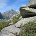 vorbei an vom Gletscher rund geschliffenen Grantitblöcken