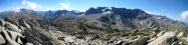 Breitbildfoto mit Blick Richtung Italien und Tessin. In der mitte Ritzhörner und der Merezebachschije