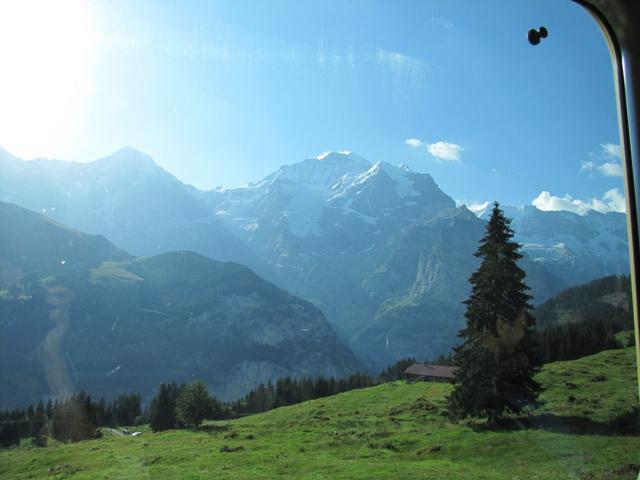 im Zug auf der Fahrt von der Grütschalp nach Mürren. Blick zur Jungfrau mit Silberhorn