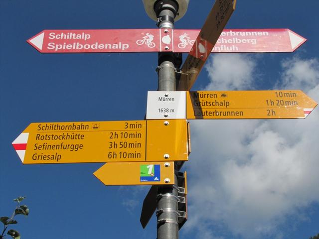 Wegweiser bei Mürren 1638 m.ü.M. die Wanderung kann beginnen. Unser Ziel Griesalp