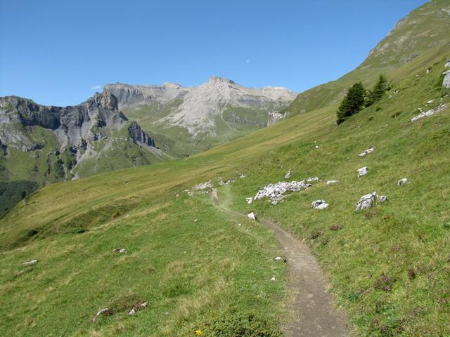 auf schönem Weg Richtung Roststockhütte. Links der Horn, rechts der Hundshorn