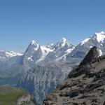 letzter Blick zu den Bergriesen vom Berner Oberland. Wetterhorn und das Dreigestirn Eiger, Mönch und Jungfrau