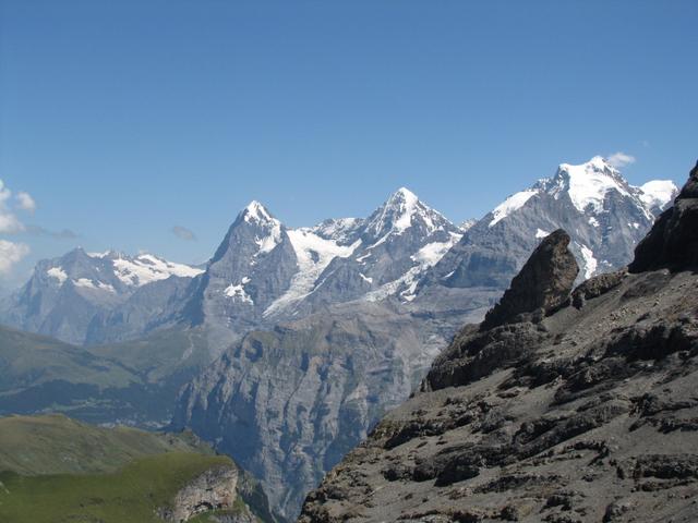 letzter Blick zu den Bergriesen vom Berner Oberland. Wetterhorn und das Dreigestirn Eiger, Mönch und Jungfrau